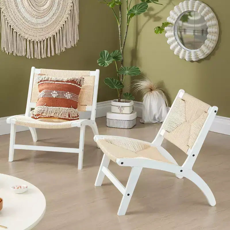 Fauteuil d'appoint bohème moderne - Bois de hêtre cognac scandinave, assise et dossier tressés en jute (Blanc-beige)