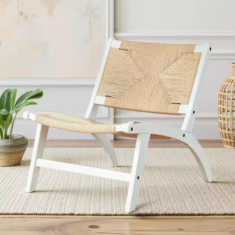 Fauteuil d'appoint bohème moderne - Bois de hêtre cognac scandinave, assise et dossier tressés en jute (Blanc-beige)