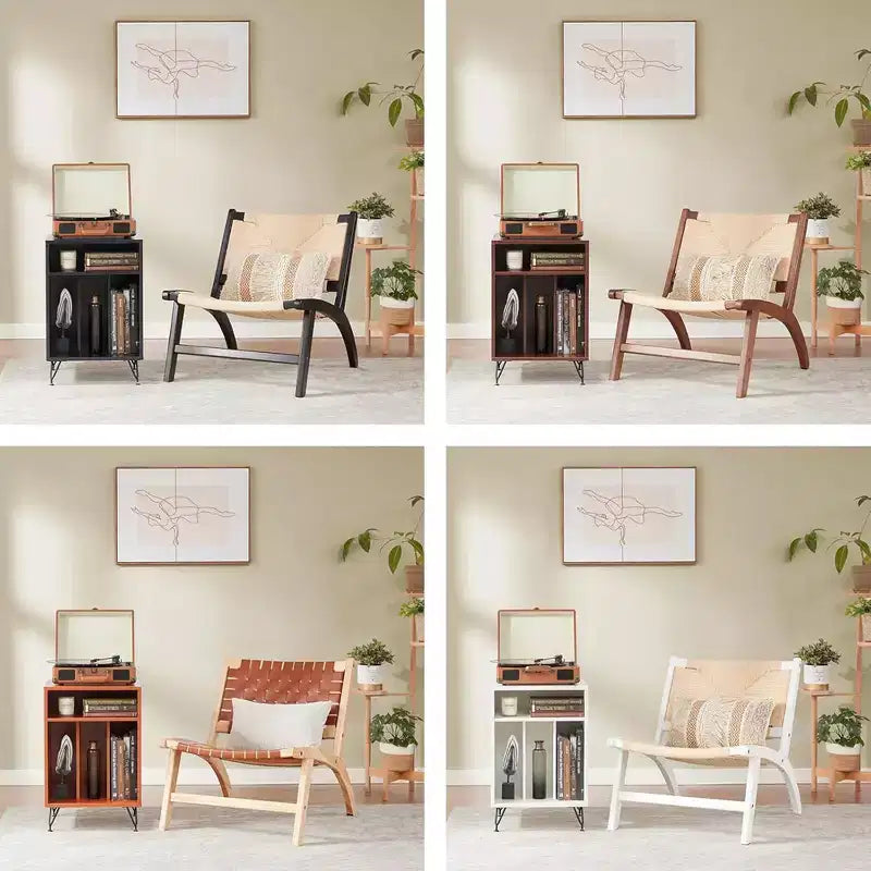 Fauteuil d'appoint bohème moderne - Bois de hêtre cognac scandinave, assise et dossier tressés en jute (Blanc-beige)