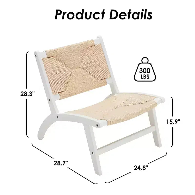 Fauteuil d'appoint bohème moderne - Bois de hêtre cognac scandinave, assise et dossier tressés en jute (Blanc-beige)