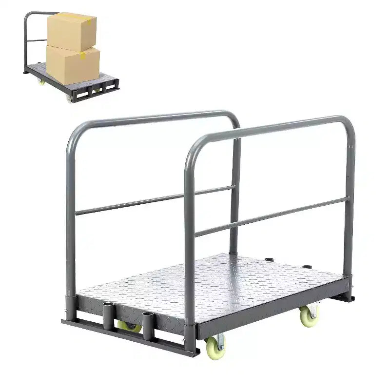 Chariot plate-forme robuste de 2000 lb de capacité, diable à plateau en acier avec 4 roulettes pivotantes et rambardes amovibles
