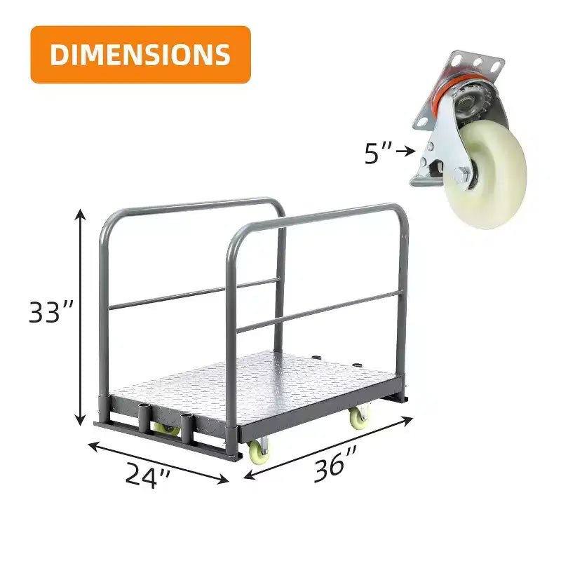 Chariot plate-forme robuste de 2000 lb de capacité, diable à plateau en acier avec 4 roulettes pivotantes et rambardes amovibles