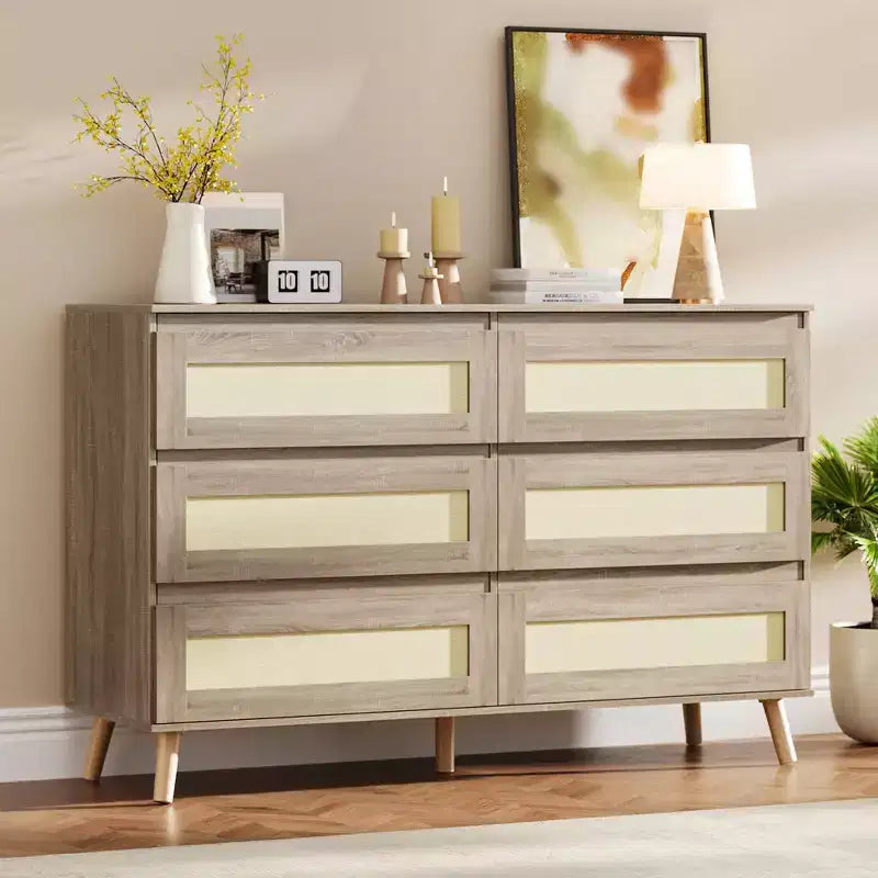6 Drawer Dresser for Bedroom, Rattan 47'' Wide Chest of Drawers, Wooden Storage Dressers Organizer, Media Console Table for Living Room Hallway