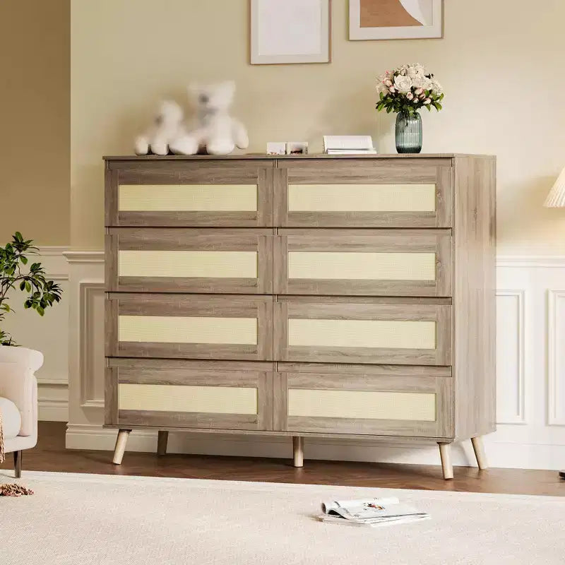 Commode à 6 tiroirs pour chambre à coucher, commode en rotin de 120 cm de large, commode de rangement en bois, meuble console TV pour salon et couloir.