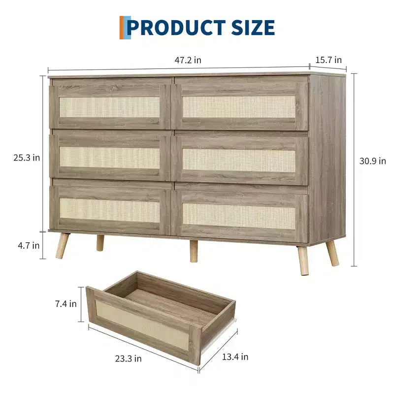 Commode à 6 tiroirs pour chambre à coucher, commode en rotin de 120 cm de large, commode de rangement en bois, meuble console TV pour salon et couloir.