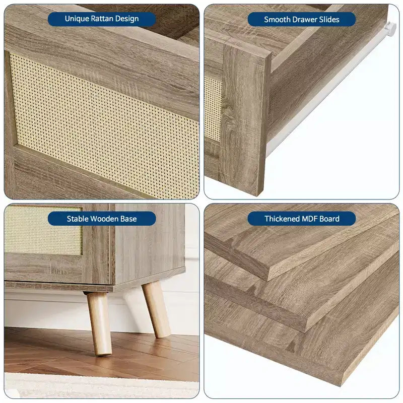 Commode à 6 tiroirs pour chambre à coucher, commode en rotin de 120 cm de large, commode de rangement en bois, meuble console TV pour salon et couloir.
