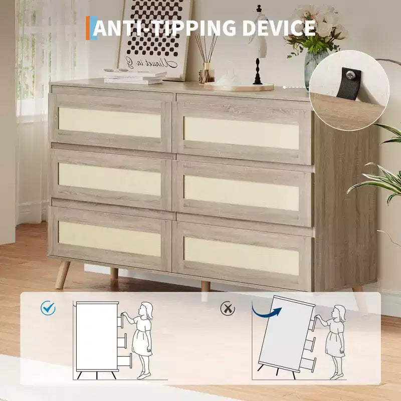 Commode à 6 tiroirs pour chambre à coucher, commode en rotin de 120 cm de large, commode de rangement en bois, meuble console TV pour salon et couloir.
