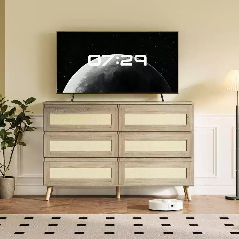 Commode à 6 tiroirs pour chambre à coucher, commode en rotin de 120 cm de large, commode de rangement en bois, meuble console TV pour salon et couloir.