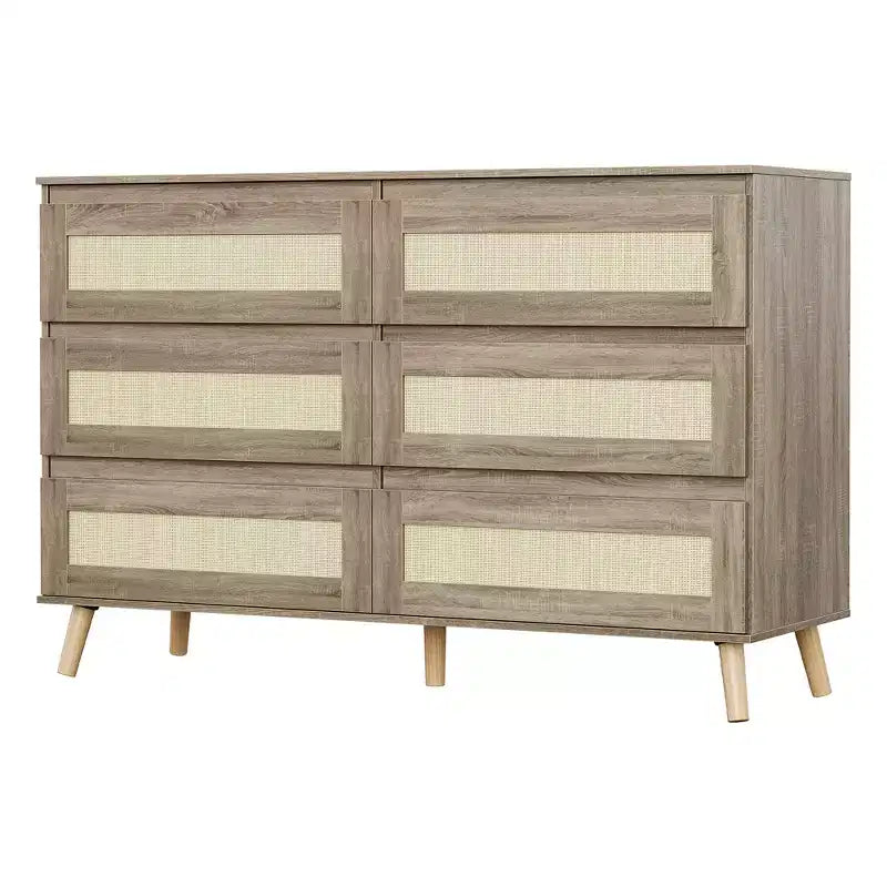 Commode à 6 tiroirs pour chambre à coucher, commode en rotin de 120 cm de large, commode de rangement en bois, meuble console TV pour salon et couloir.