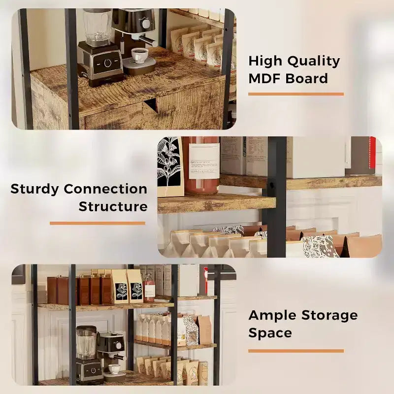 Étagère à café à 5 niveaux avec étagères, étagères de rangement en bois et métal, étagère de présentation industrielle, pour chambre à coucher, salon