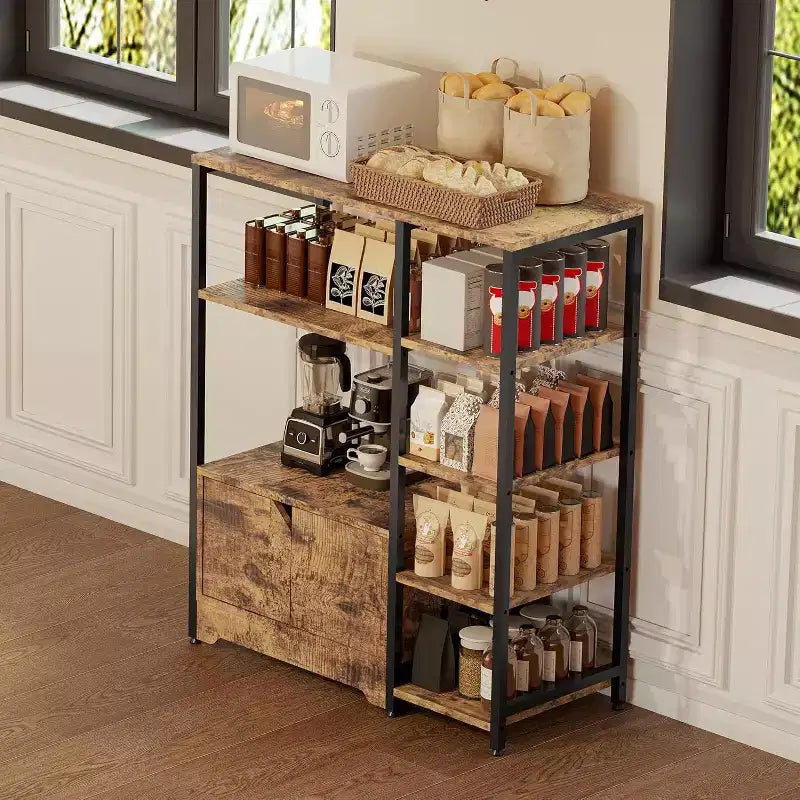 Étagère à café à 5 niveaux avec étagères, étagères de rangement en bois et métal, étagère de présentation industrielle, pour chambre à coucher, salon