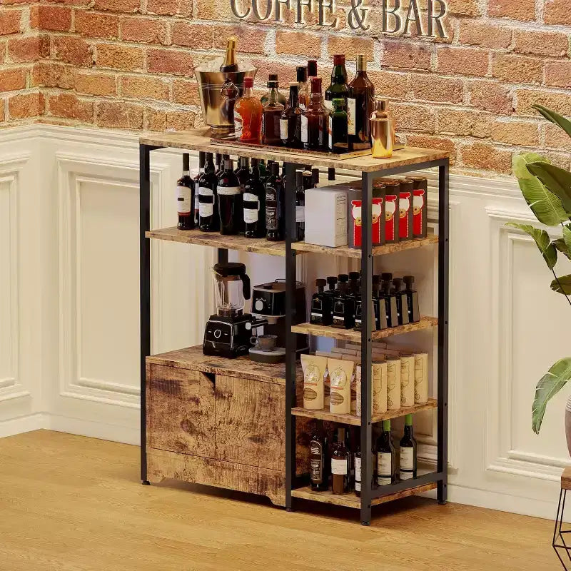 Étagère à café à 5 niveaux avec étagères, étagères de rangement en bois et métal, étagère de présentation industrielle, pour chambre à coucher, salon