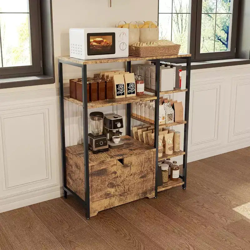 Étagère à café à 5 niveaux avec étagères, étagères de rangement en bois et métal, étagère de présentation industrielle, pour chambre à coucher, salon
