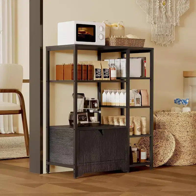 5-Tier Coffee Bar with Shelves, Wood and Metal Bookshelves Storage, Industrial Display Standing Shelf Unit, for Bedroom, Living Room