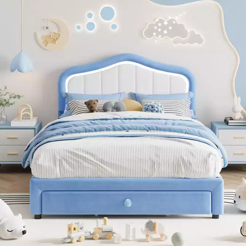 Upholstered LED Bed Frame with Storage Drawer, Velvet/Princess Platform Bed Frame for Kids/Girls Twin/Full Size