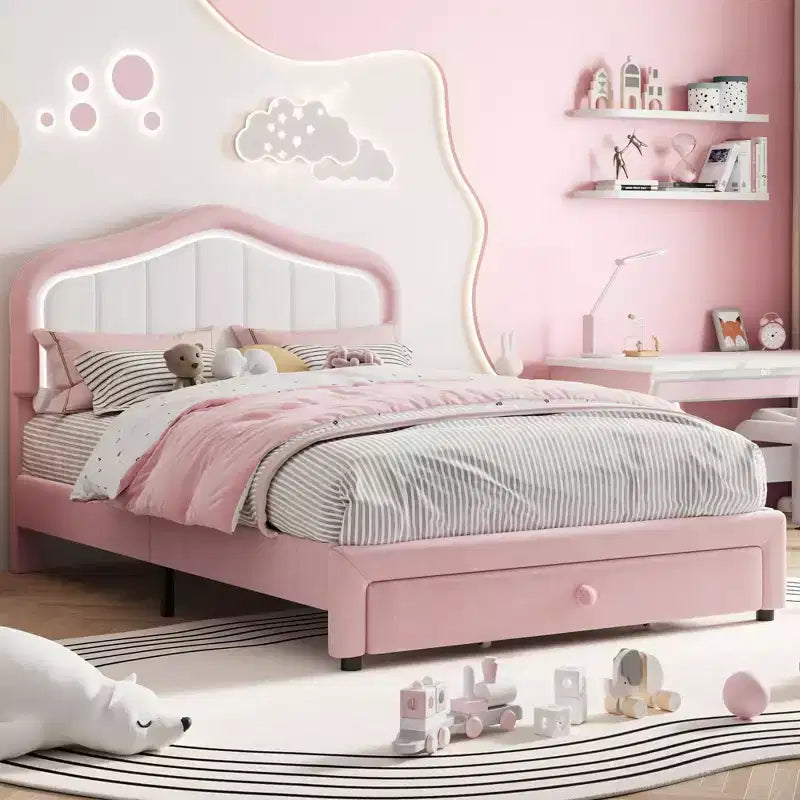 Cadre de lit LED capitonné avec tiroir de rangement, Cadre de lit plateforme en velours/princesse pour enfants/filles taille jumeau/double
