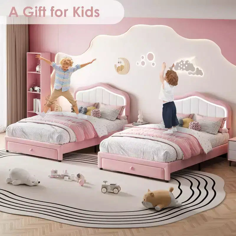 Cadre de lit LED capitonné avec tiroir de rangement, Cadre de lit plateforme en velours/princesse pour enfants/filles taille jumeau/double