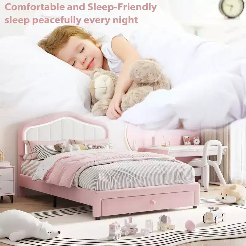 Cadre de lit LED capitonné avec tiroir de rangement, Cadre de lit plateforme en velours/princesse pour enfants/filles taille jumeau/double