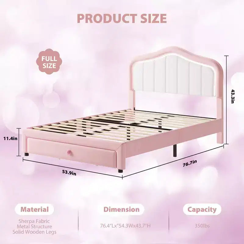 Cadre de lit LED capitonné avec tiroir de rangement, Cadre de lit plateforme en velours/princesse pour enfants/filles taille jumeau/double