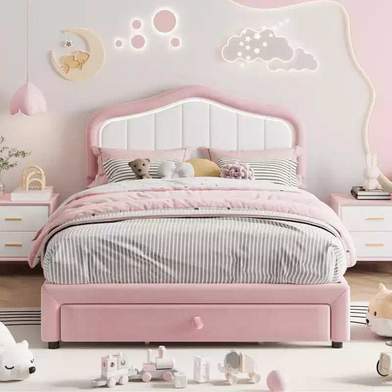 Cadre de lit LED capitonné avec tiroir de rangement, Cadre de lit plateforme en velours/princesse pour enfants/filles taille jumeau/double