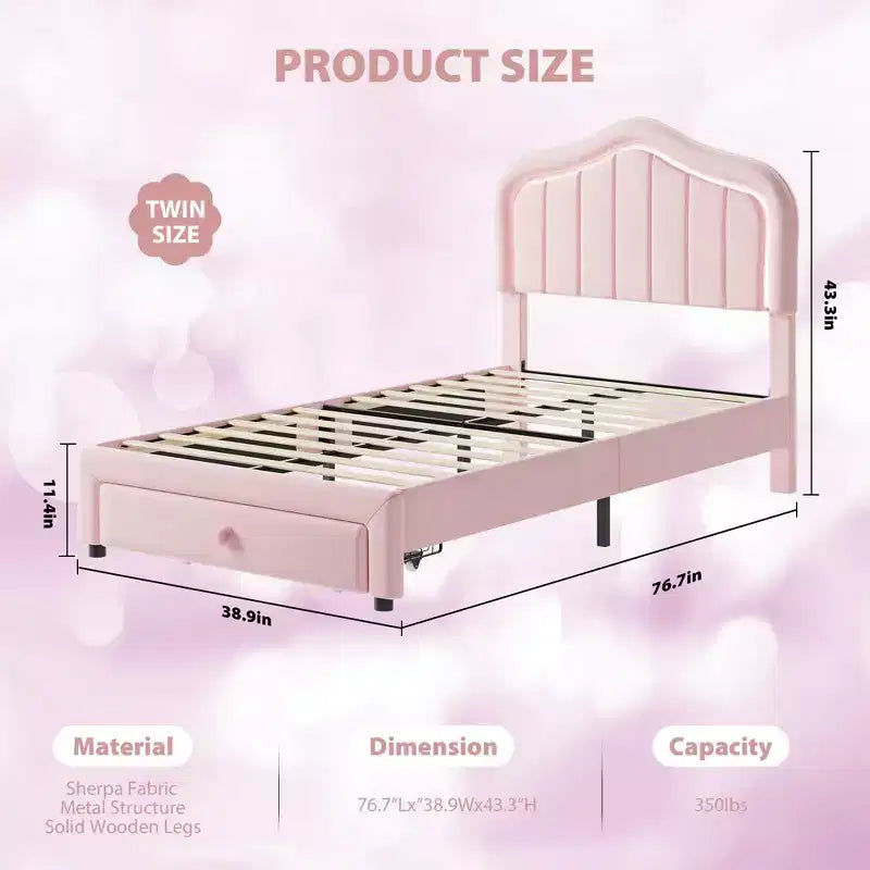 Cadre de lit LED capitonné avec tiroir de rangement, Cadre de lit plateforme en velours/princesse pour enfants/filles taille jumeau/double