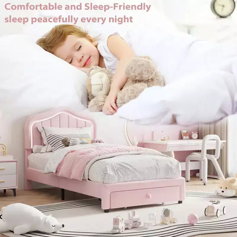 Cadre de lit LED capitonné avec tiroir de rangement, Cadre de lit plateforme en velours/princesse pour enfants/filles taille jumeau/double