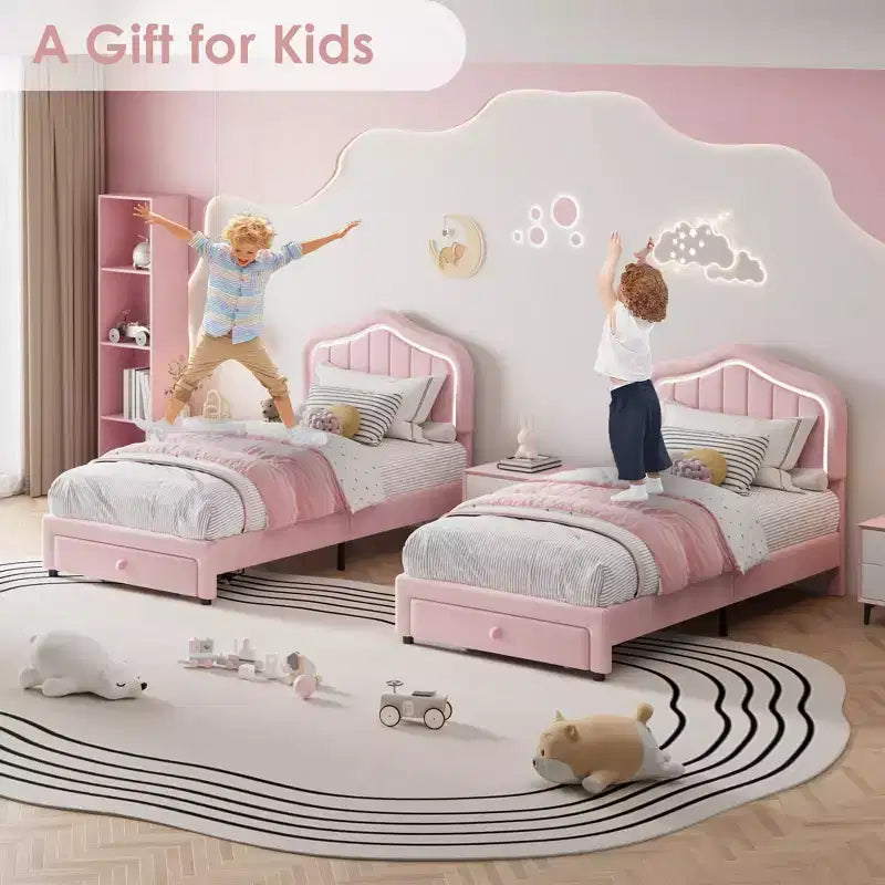 Cadre de lit LED capitonné avec tiroir de rangement, Cadre de lit plateforme en velours/princesse pour enfants/filles taille jumeau/double