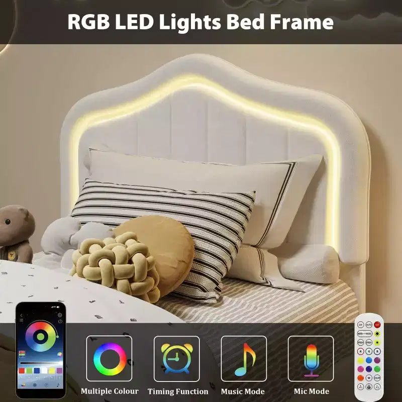Cadre de lit LED capitonné avec tiroir de rangement, Cadre de lit plateforme en velours/princesse pour enfants/filles taille jumeau/double