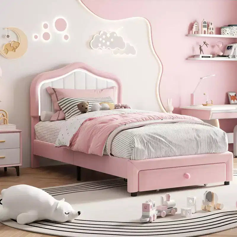 Cadre de lit LED capitonné avec tiroir de rangement, Cadre de lit plateforme en velours/princesse pour enfants/filles taille jumeau/double