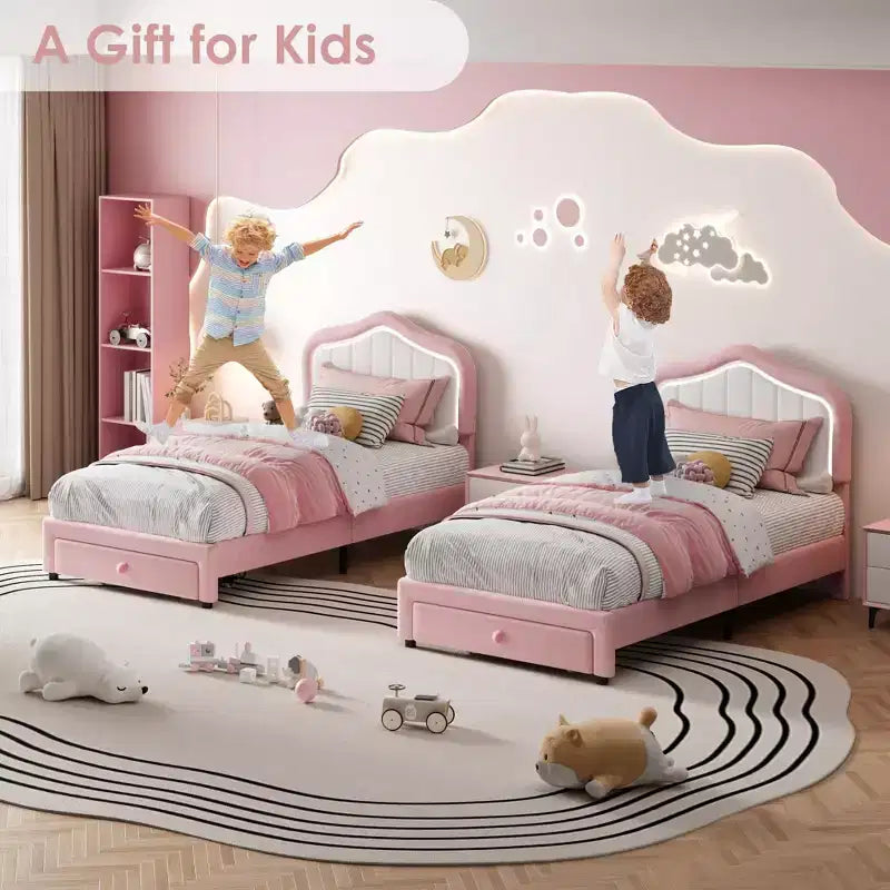 Cadre de lit LED capitonné avec tiroir de rangement, Cadre de lit plateforme en velours/princesse pour enfants/filles taille jumeau/double