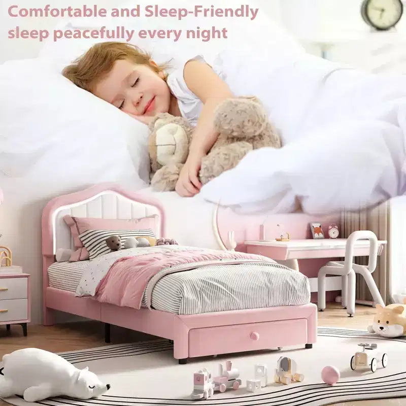 Cadre de lit LED capitonné avec tiroir de rangement, Cadre de lit plateforme en velours/princesse pour enfants/filles taille jumeau/double