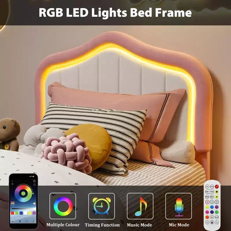 Cadre de lit LED capitonné avec tiroir de rangement, Cadre de lit plateforme en velours/princesse pour enfants/filles taille jumeau/double