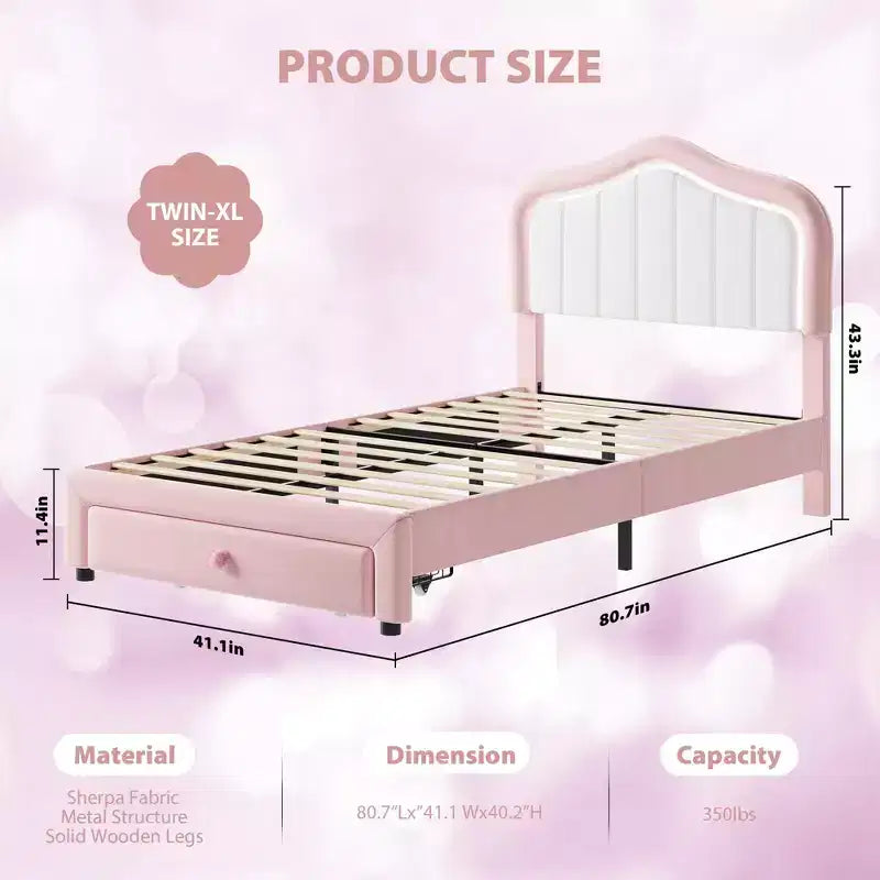 Cadre de lit LED capitonné avec tiroir de rangement, Cadre de lit plateforme en velours/princesse pour enfants/filles taille jumeau/double