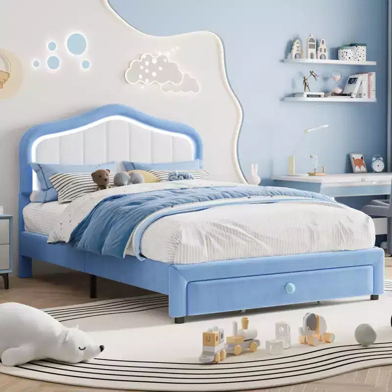 Cadre de lit LED capitonné avec tiroir de rangement, Cadre de lit plateforme en velours/princesse pour enfants/filles taille jumeau/double