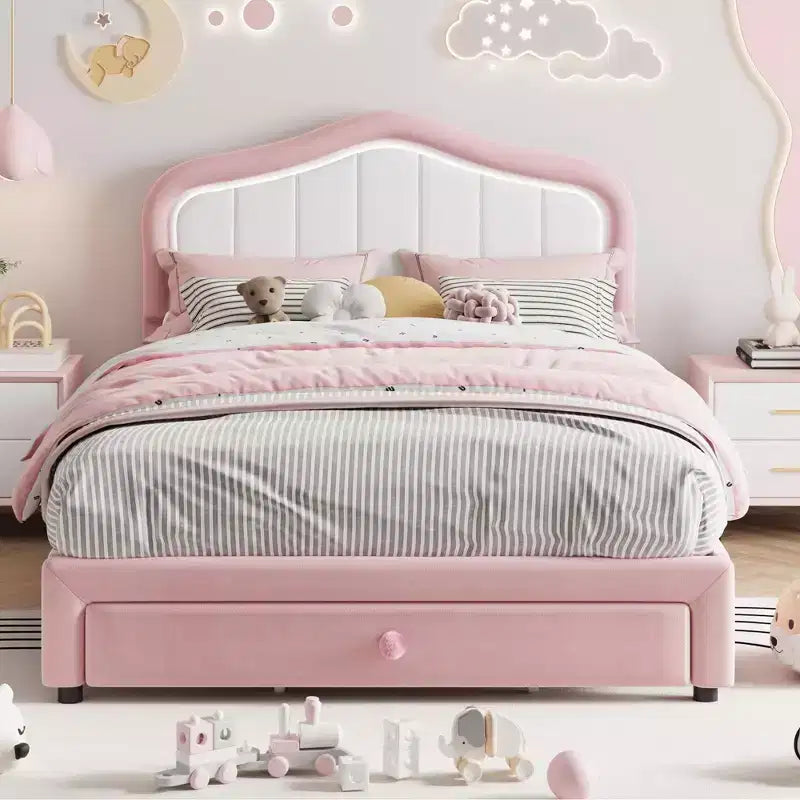 Cadre de lit LED capitonné avec tiroir de rangement, Cadre de lit plateforme en velours/princesse pour enfants/filles taille jumeau/double