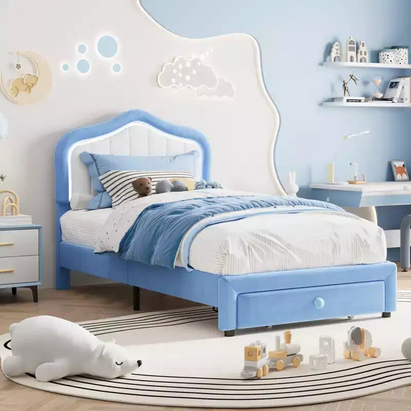 Cadre de lit LED capitonné avec tiroir de rangement, Cadre de lit plateforme en velours/princesse pour enfants/filles taille jumeau/double
