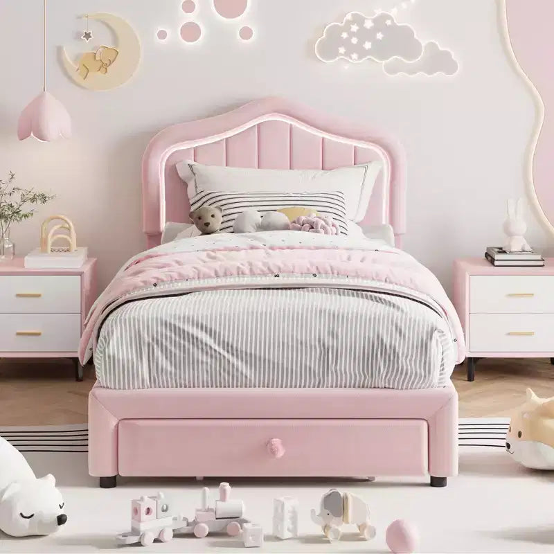 Cadre de lit LED capitonné avec tiroir de rangement, Cadre de lit plateforme en velours/princesse pour enfants/filles taille jumeau/double