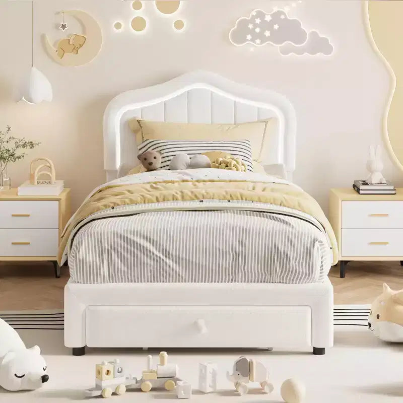 Cadre de lit LED capitonné avec tiroir de rangement, Cadre de lit plateforme en velours/princesse pour enfants/filles taille jumeau/double