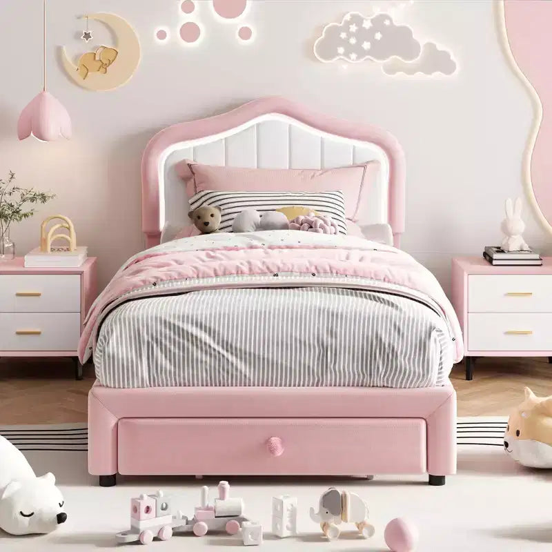 Cadre de lit LED capitonné avec tiroir de rangement, Cadre de lit plateforme en velours/princesse pour enfants/filles taille jumeau/double