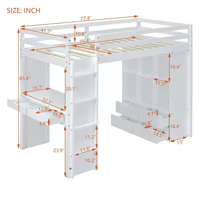 Lit mezzanine en bois avec bureau pour enfants, lit mezzanine pour enfants avec étagères de rangement et lumière LED pour garçons filles adolescents