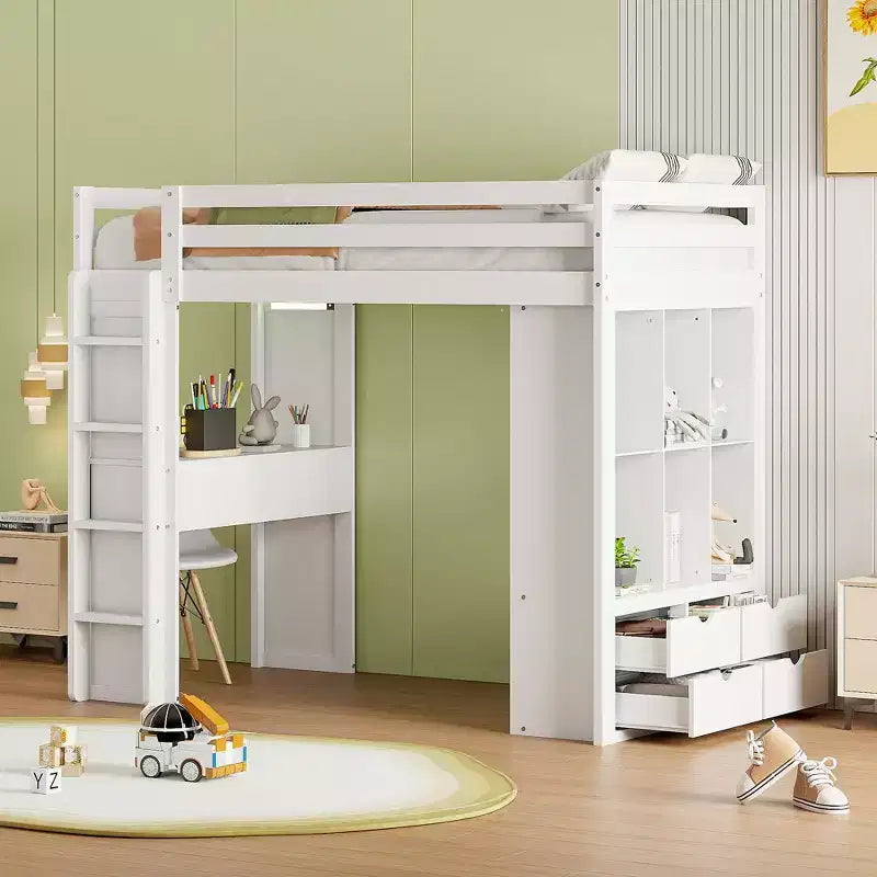 Lit mezzanine en bois avec bureau pour enfants, lit mezzanine pour enfants avec étagères de rangement et lumière LED pour garçons filles adolescents
