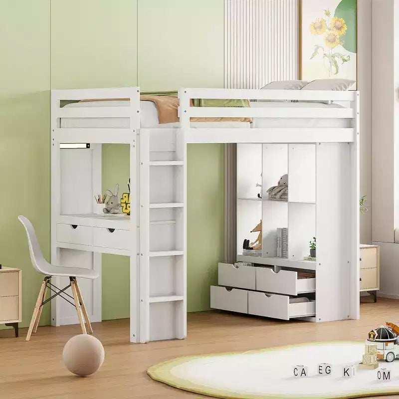 Lit mezzanine en bois avec bureau pour enfants, lit mezzanine pour enfants avec étagères de rangement et lumière LED pour garçons filles adolescents
