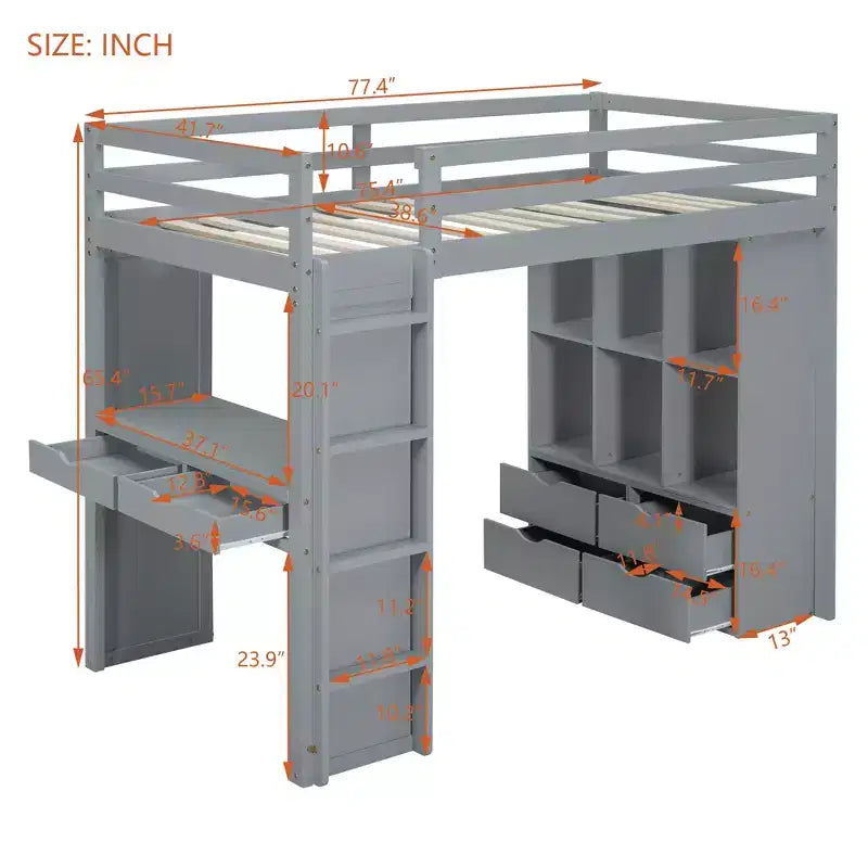 Lit mezzanine en bois avec bureau pour enfants, lit mezzanine pour enfants avec étagères de rangement et lumière LED pour garçons filles adolescents