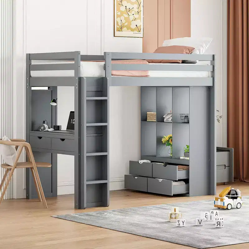 Lit mezzanine en bois avec bureau pour enfants, lit mezzanine pour enfants avec étagères de rangement et lumière LED pour garçons filles adolescents