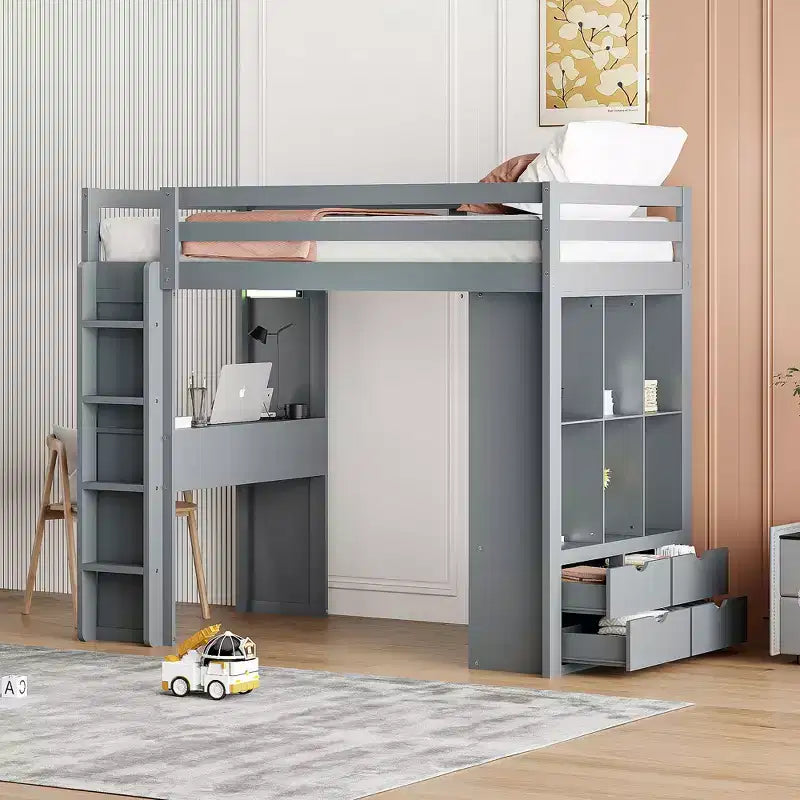 Lit mezzanine en bois avec bureau pour enfants, lit mezzanine pour enfants avec étagères de rangement et lumière LED pour garçons filles adolescents