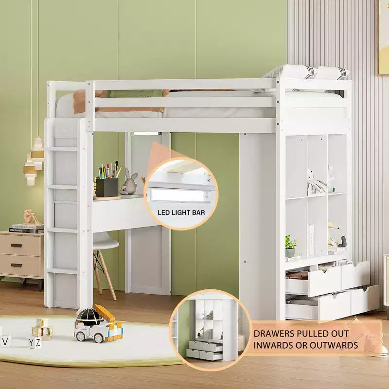 Lit mezzanine en bois avec bureau pour enfants, lit mezzanine pour enfants avec étagères de rangement et lumière LED pour garçons filles adolescents