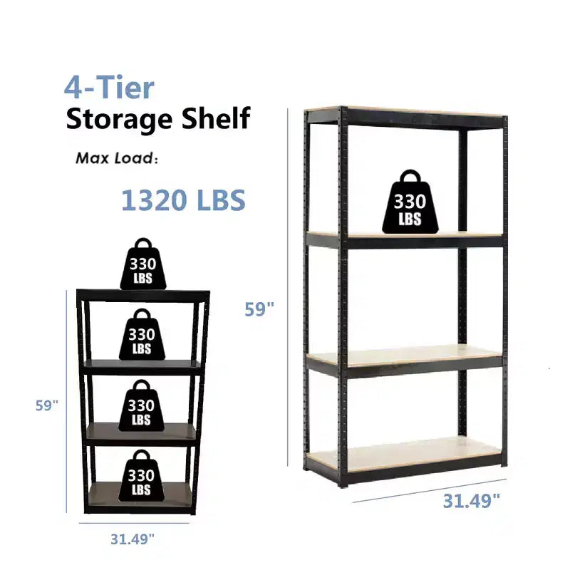 Étagères utilitaires à 4 niveaux, Étagères de rangement métalliques pour garage Unité d'étagères de garage réglables Étagères de rangement pour garage Râteliers de rangement robustes Étagères de cabanon - Noir