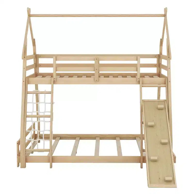 Lit superposé double sur grand format avec filets et rampe d'escalade, lit cabane en bois pour adolescents filles et garçons