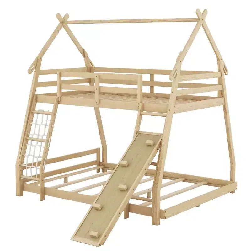 Lit superposé double sur grand format avec filets et rampe d'escalade, lit cabane en bois pour adolescents filles et garçons