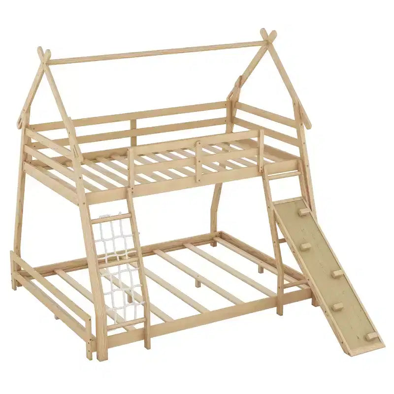 Lit superposé double sur grand format avec filets et rampe d'escalade, lit cabane en bois pour adolescents filles et garçons